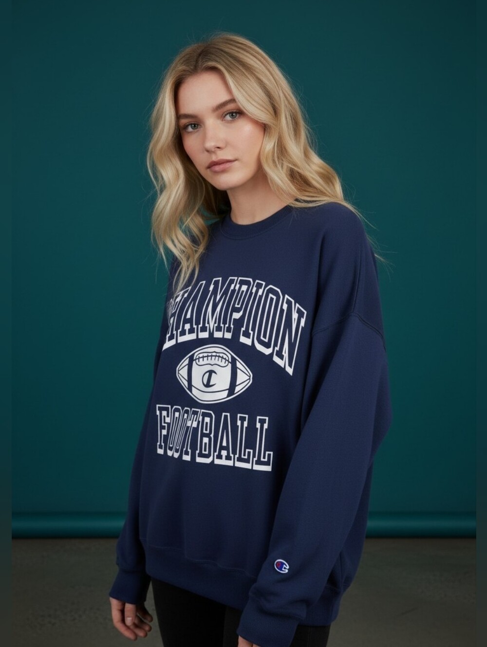 Champion Navy Blue Graphic Football Sweatshirt, Soft & Cozy, 2XL, EUC